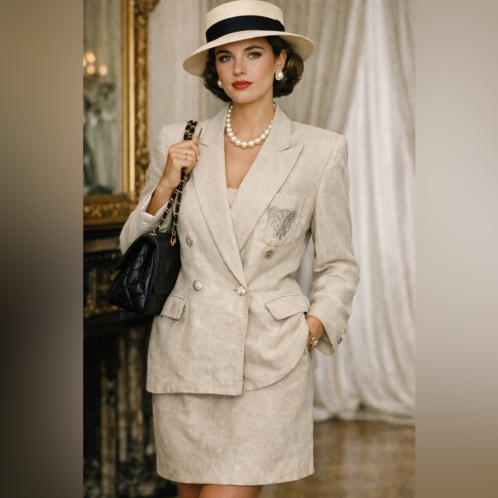 Vintage Ellen Tracy 100% Linen Double Breasted Blazer & Skirt Suit Size 6